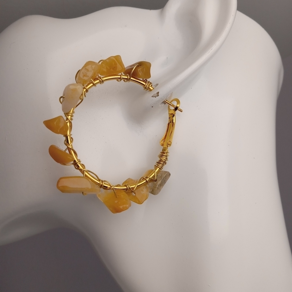Yellow stone chip wire wrapped hoop earrings boho bohemian western hippie